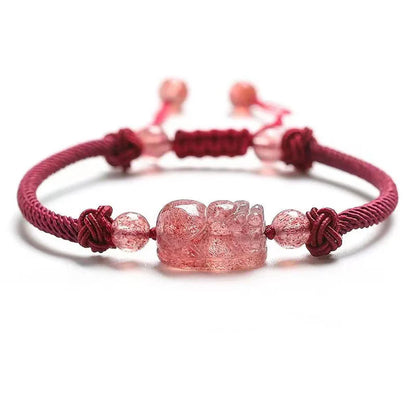 Pulsera de protección trenzada de hilo rojo PiXiu de cuarzo fresa natural Buddha Stones
