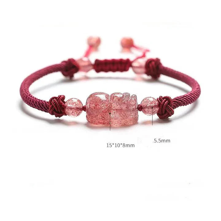 Pulsera de protección trenzada de hilo rojo PiXiu de cuarzo fresa natural Buddha Stones