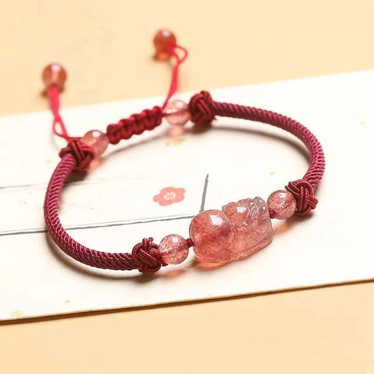 Pulsera de protección trenzada de hilo rojo PiXiu de cuarzo fresa natural Buddha Stones