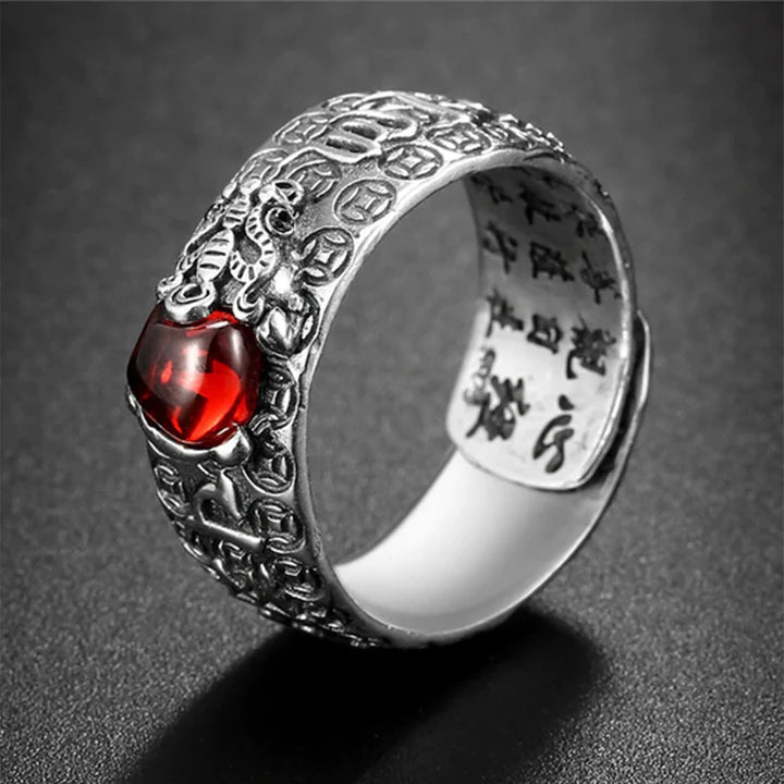 Anillo de riqueza de granate rojo FengShui PiXiu
