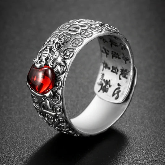 Anillo de riqueza de granate rojo FengShui PiXiu