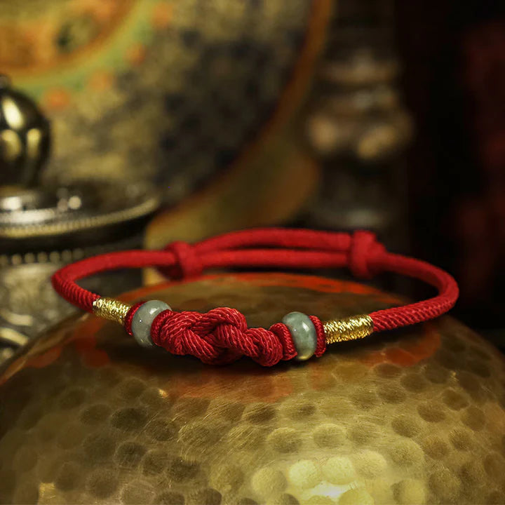Pulsera de pareja trenzada con nudo de fortuna de jade de hilo rojo