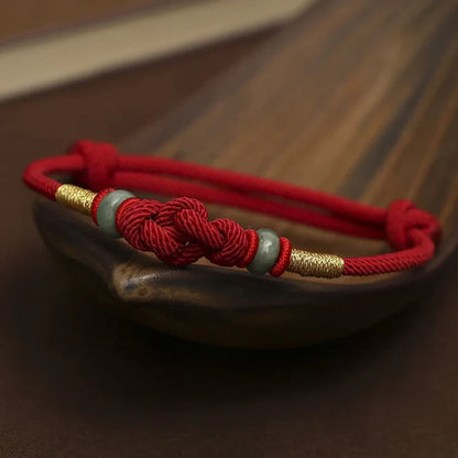 Pulsera de pareja trenzada con nudo de fortuna de jade de hilo rojo