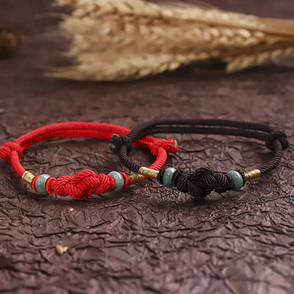 Pulsera de pareja trenzada con nudo de fortuna de jade de hilo rojo