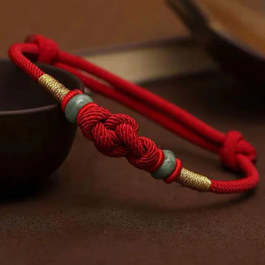 Pulsera de pareja trenzada con nudo de fortuna de jade de hilo rojo