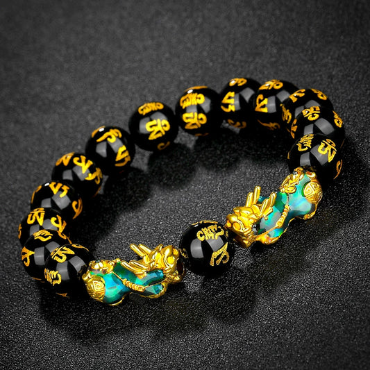 Pulsera Feng Shui Manruo de Obsidiana Negra | Pi Xiu Dragón con Mantra, Atrae Riqueza y Suerte