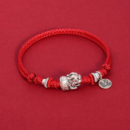 Pulsera trenzada hecha a mano de plata esterlina 925 PiXiu Fu Personaje Riqueza Suerte