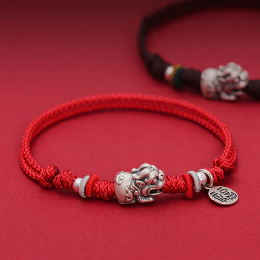 Pulsera trenzada hecha a mano de plata esterlina 925 PiXiu Fu Personaje Riqueza Suerte