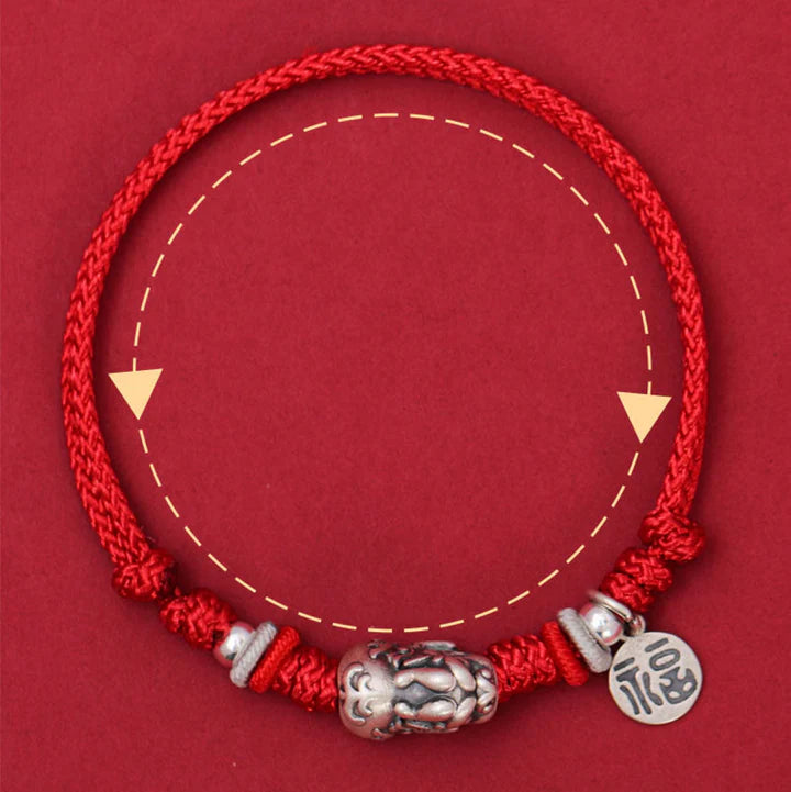 Pulsera trenzada hecha a mano de plata esterlina 925 PiXiu Fu Personaje Riqueza Suerte