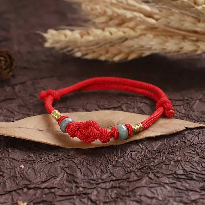 Pulsera de pareja trenzada con nudo de fortuna de jade de hilo rojo